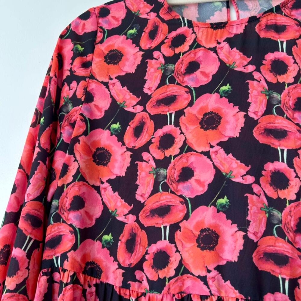 EUC Boohoo Hot Pink and Red Poppy Floral Long Sleeve Ruffle Cuff Dress Mini US 6 - Picture 15 of 16
